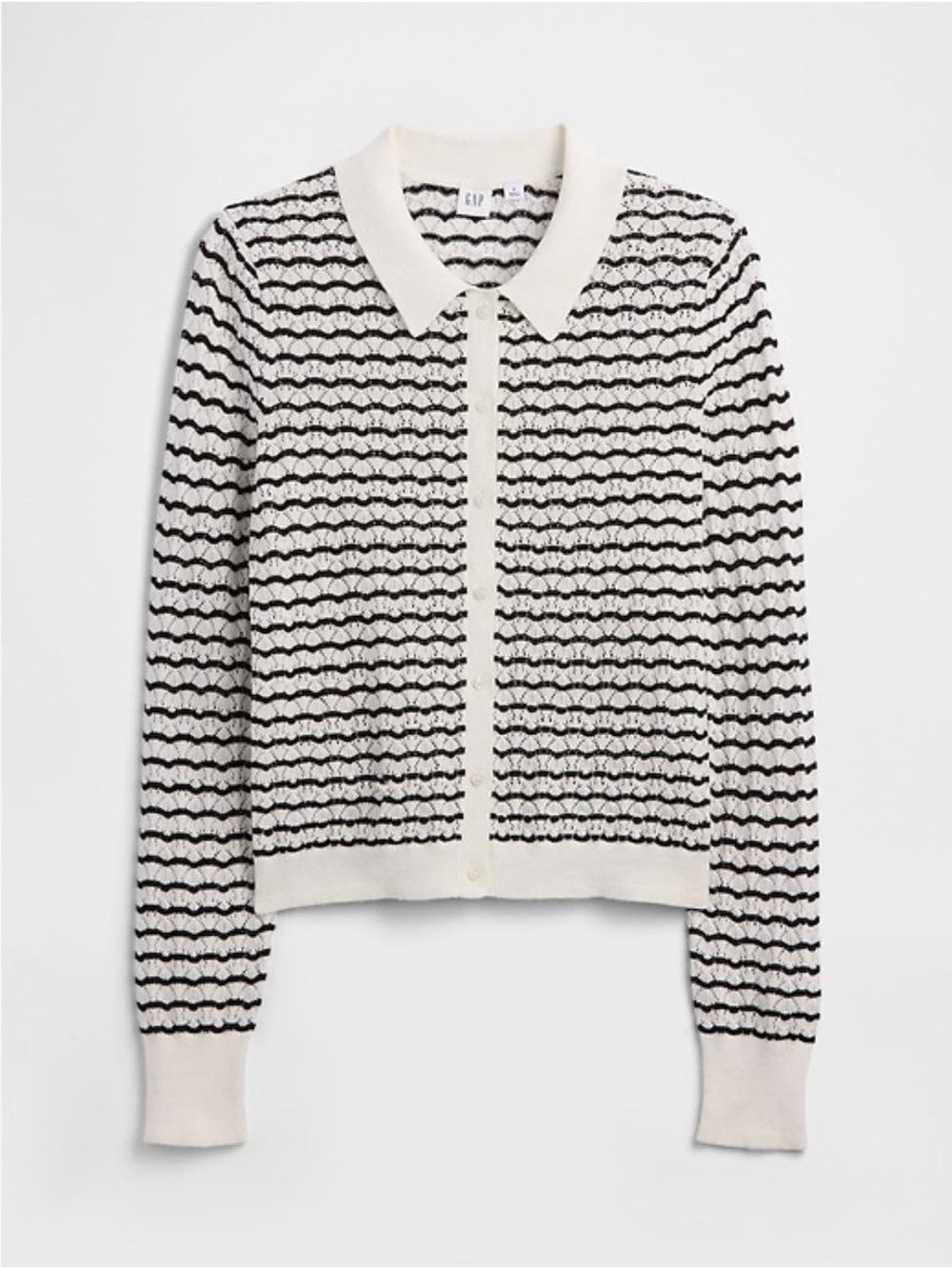 GAP Black & White Textured open stitch collard Cardigan pointelle preppy Sweater